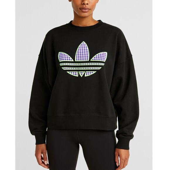 Adidas Trefoil Neon Gingham Logo Cropped Sweatshirt Black Women’s Size L - Picture 1 of 9
